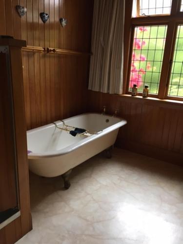 杰拉尔丁Hewling's Manor的带窗户的浴室内的白色浴缸