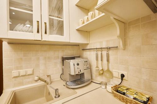 基辅佩特拉尼中心酒店的厨房配有位于柜台的咖啡机
