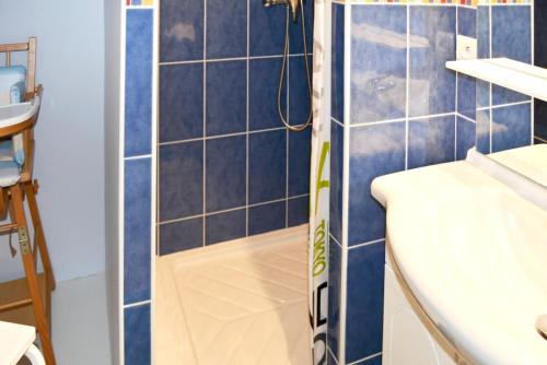 PlomelinMaison de 2 chambres avec jardin clos et wifi a Plomelin的浴室铺有蓝色瓷砖,设有淋浴。