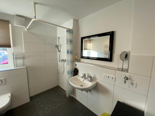 施瓦姆施泰特Ferienwohnung Zum Kiessee的白色的浴室设有水槽和镜子