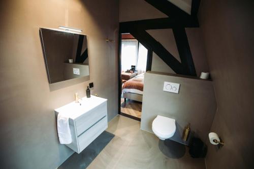 弗利辛恩Boutique Hotel Lupo的一间带水槽和镜子的浴室以及一张床