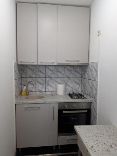 锡纳亚Apartament Elena的厨房配有白色橱柜和水槽