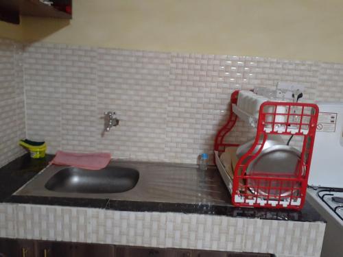 阿西里弗Royal studio in Kitengela的厨房配有水槽和柜台上的红色篮子