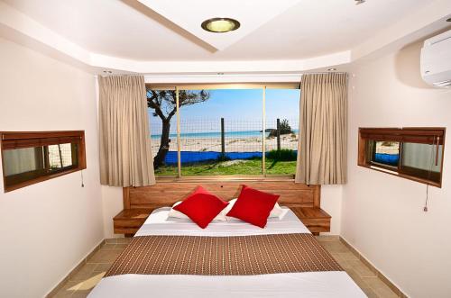 DorDor al Hayam的一间卧室配有一张带红色枕头的床和一扇窗户