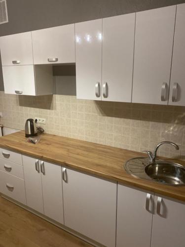 伊万诺-弗兰科夫斯克Ehostel360的厨房配有白色橱柜和水槽