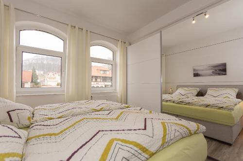 奥斯赛拜-塞林Traumferienwohnung in Sellin / Rügen的一间卧室设有两张床和两个窗户。
