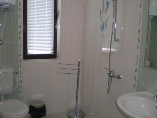 上奥里亚霍维察Park Hotel Djevana的浴室配有卫生间、盥洗盆和淋浴。