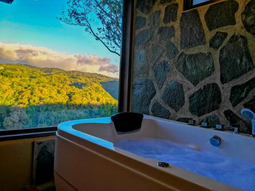 蒙泰韦尔德哥斯达黎加哥斯达黎加彩虹谷山林小屋的带浴缸的大窗户