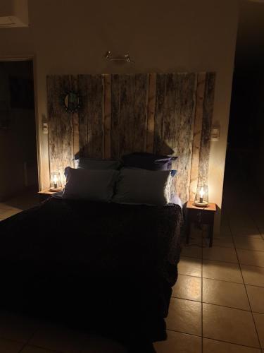 阿维尼翁Appartement Terrasse - Hypercentre的一间卧室配有一张带木制床头板的床