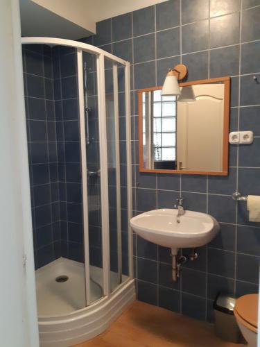 布达佩斯Kossuth Apartman的带淋浴、盥洗盆和镜子的浴室