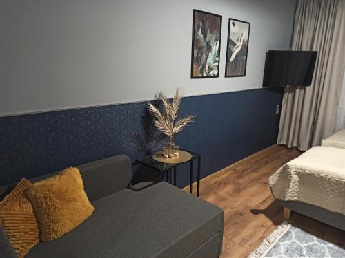 海乌姆诺Apartament CCH - Biskupia的客厅配有沙发和1张床