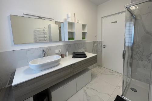 布列瑟农Apartments Griesser的白色的浴室设有水槽和淋浴。