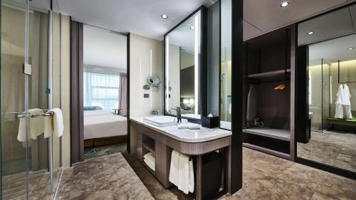 西宁西宁温泉假日酒店的一间带水槽和大镜子的浴室