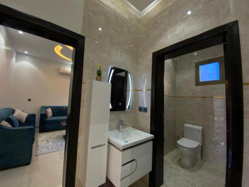 Al ‘Aqīqفلل ومسابح بلوسكاي的一间带水槽、卫生间和镜子的浴室