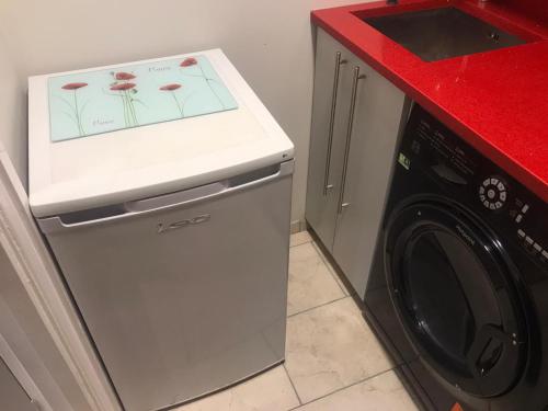 伦敦Modern Studio Apartment的厨房配有洗衣机和烘干机,旁边设有洗衣机