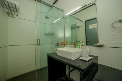 海得拉巴HILL VIEW (VOILA TRANQUIL'N) BEGUMPET的一间带水槽和玻璃淋浴的浴室