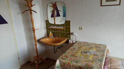WellheimFerienwohnung Helga Prokop的一间带水槽、镜子和桌子的浴室