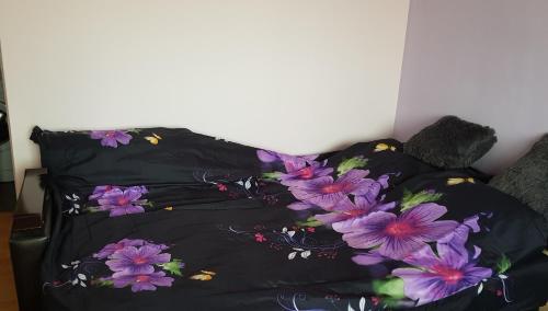 布拉索夫Studio Monique的一张沙发上带紫色花的黑色毯子