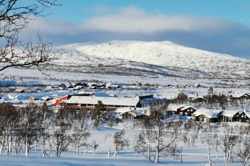 霍夫登Stor super leilighet - bakkeplan - barnevennlig - 80m2 - selvhushold - vaskefirma的被雪覆盖的村庄,背景是山