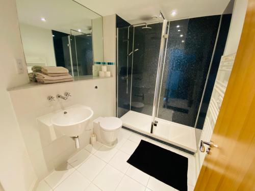 切尔滕纳姆Stewart St James Walk Apartment的带淋浴、卫生间和盥洗盆的浴室