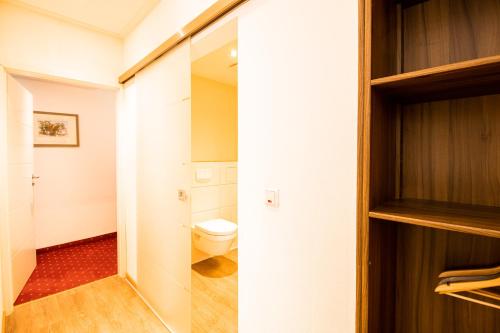 瓦尔斯罗德Hotel Stadtschänke的一间带卫生间和衣柜的小浴室