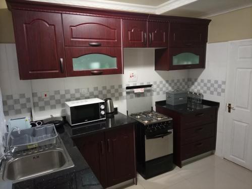恩多拉Semuya Apartments的厨房配有红色橱柜、水槽和微波炉