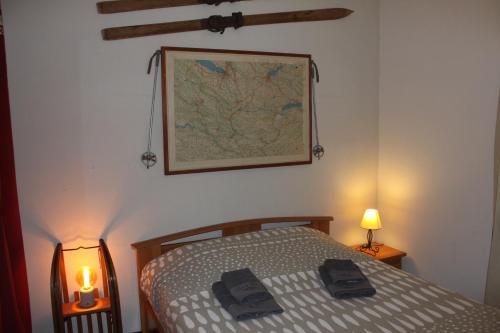 夏蒙尼-勃朗峰Appartement Le Savoisien的卧室配有一张床,墙上有地图
