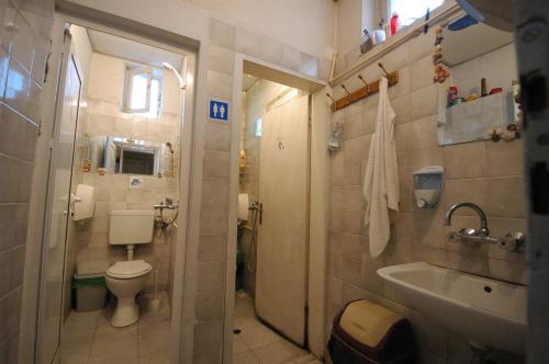 瓦尔纳哟嗬旅舍的一间带卫生间和水槽的小浴室