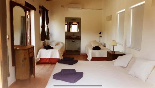 圣卡洛斯Terraza del Molle的一间带两张床的卧室和一间带两面镜子的房间