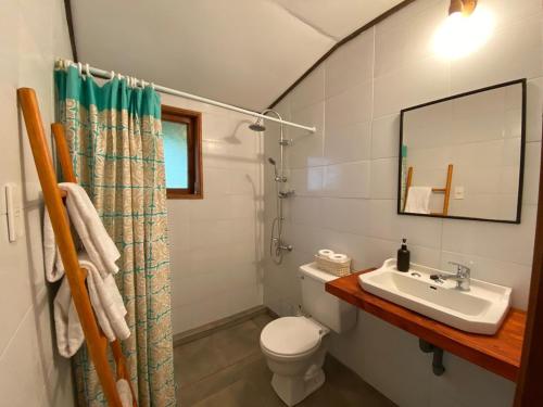 里坎雷Cabañas Koyam Ruka的一间带水槽、卫生间和镜子的浴室