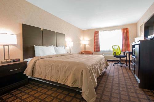 MoneeQuality Inn Monee I-57的配有一张床和一张书桌的酒店客房