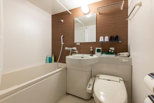 松江市松江路线酒店 的一间带卫生间、水槽和镜子的浴室