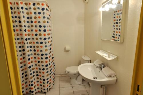 戛纳渣油戛纳法斯迪瓦勒酒店的浴室设有卫生间、水槽和淋浴帘