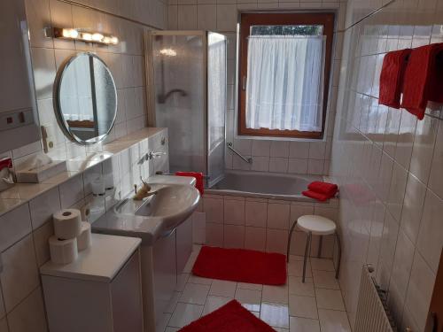 蒂罗尔-泽费尔德兰德豪斯克劳斯奈霍夫贾尼酒店的一间带水槽、浴缸和镜子的浴室