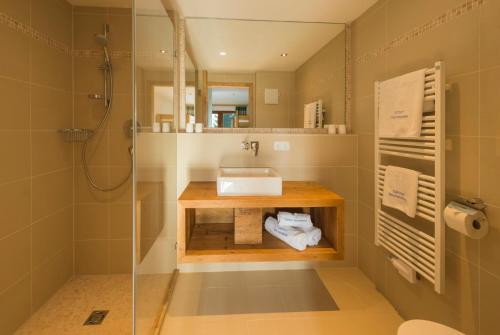 基茨比厄尔附近奥拉赫Lifesport Hotel Hechenmoos的一间带水槽和玻璃淋浴的浴室