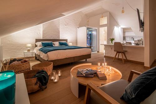 列日Maison Noppius的一间卧室设有一张床和一间客厅。