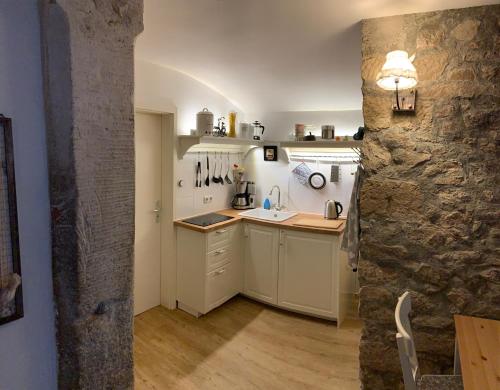 RadeburgLandappartement Stritter的一间带水槽和冰箱的小厨房