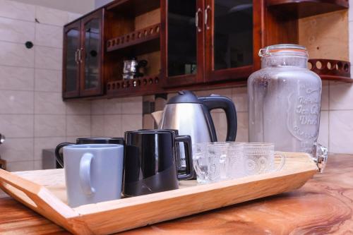 金贾Kinzi Apartments Bar & Gardens的厨房柜台上带杯子和玻璃杯的木制托盘