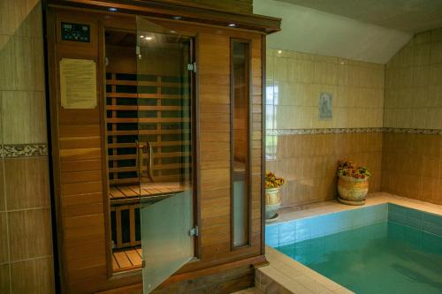 奥泰佩Cantervilla Castle的浴室内设有一个游泳池及玻璃淋浴间