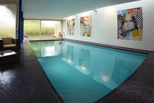龙塞La Petite Bruyere De Renaix的墙上画作的房子里的一个大型游泳池