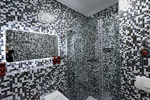 开姆尼茨Stylisches City Appartment in Chemnitz bester Lage!的带淋浴和镜子的浴室