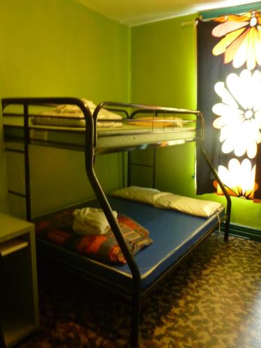 魁北克市EKONO HOSTEL LA BELLE PLANETE BACKPACKERS Downtown Quebec City的带两张双层床的绿色墙壁客房