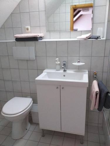 巴特贝尔卡Pension Töpferhof的白色的浴室设有卫生间和水槽。