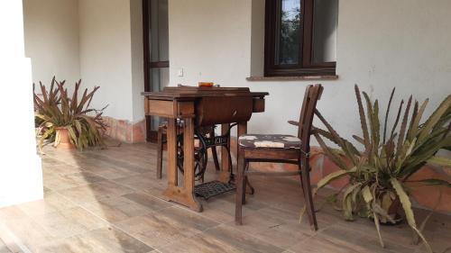 TornyosnémetiBajusz Vendégház的植物间里的一张木桌和椅子