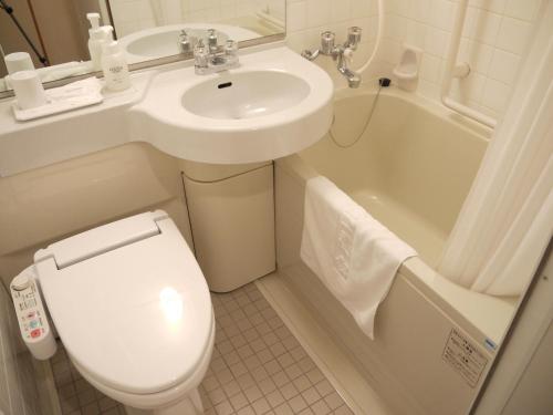 青森苹果青森县宫酒店的一间带卫生间和水槽的小浴室