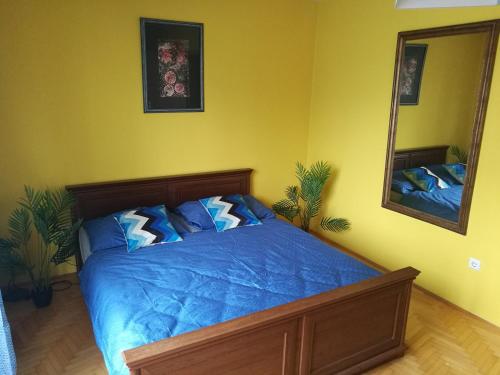 VogošćaApartment Imamović的一间卧室配有一张带蓝色床单和镜子的床
