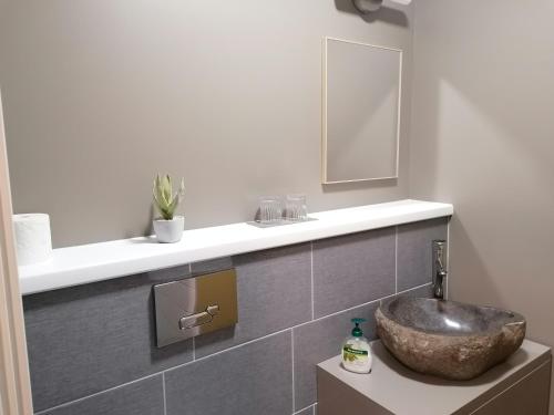 珀尔察马卡尔施密特旅馆的一间带水槽和镜子的浴室