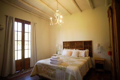 圣拉斐尔Posada La Victoria的一间卧室配有一张床和一个吊灯