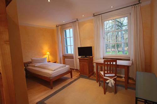 巴特洪堡哈特森林酒店的一间卧室配有一张床、一张书桌和一个窗户。