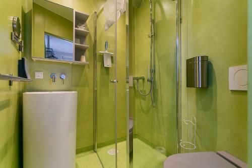 MarrumBed & Breakfast Marrum的绿色浴室设有淋浴和卫生间